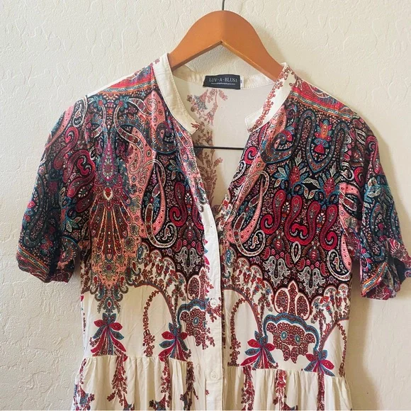 Luv A Blusa Cream Red Paisley Boho Midi Dress - Picture 3 of 7